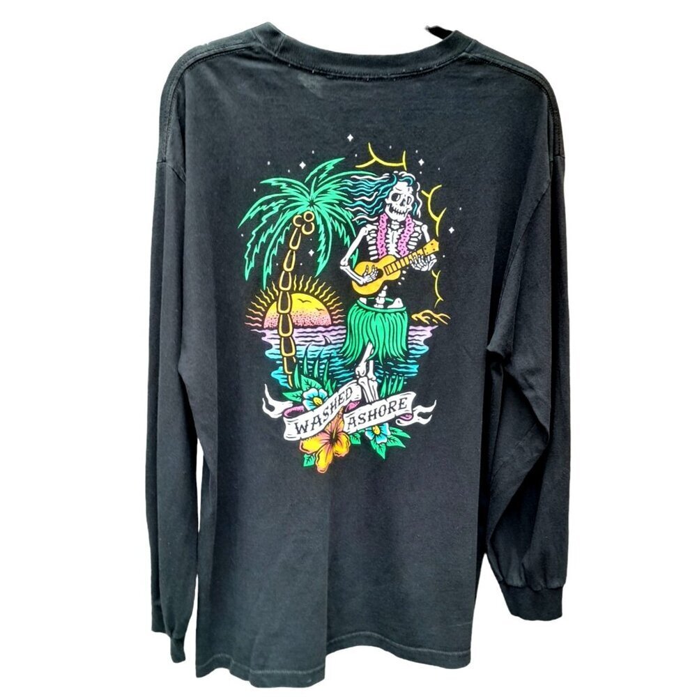 Vtg Retrofit Washed Ashore Skeleton Tropical Halloween Goth Size Large T-Shirt